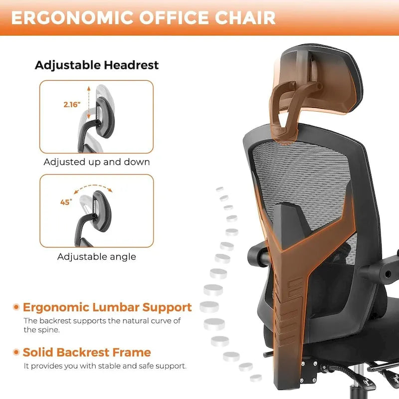 Home Office Desk Chair with Footrest, High-Back Mesh Reclining Chairs with Headrest for Home, Office, Gaming, Student