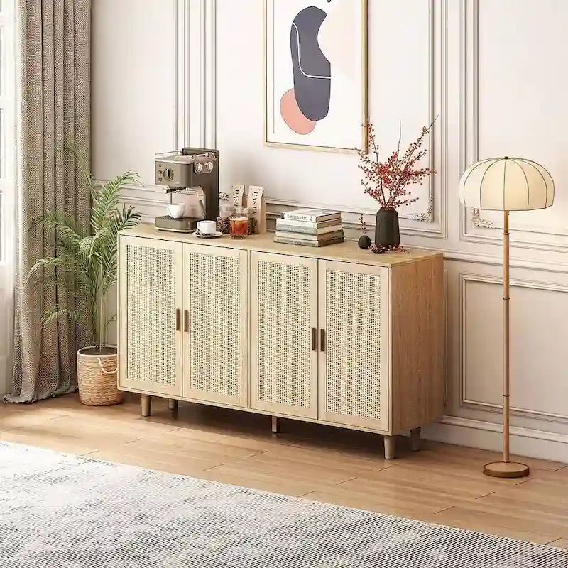 Rattan Decorative 4 Doors Freestanding Storage Cabinet