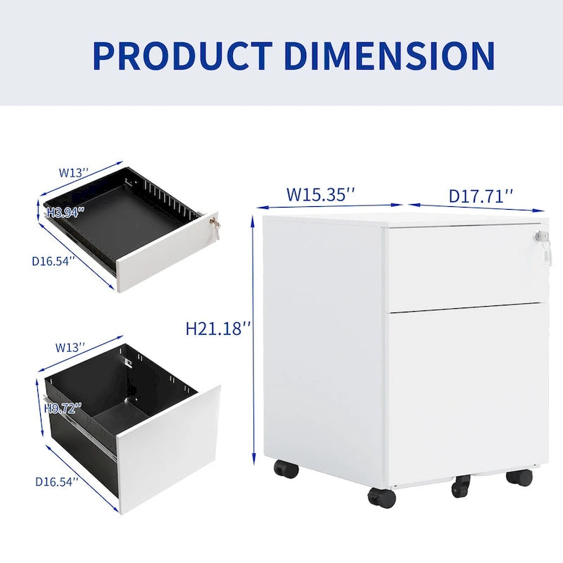 2 Drawer Mobile File Cabinet with Lock Steel File Cabinet for Legal/Letter/A4/F4 Size, Fully Assembled Include Wheels