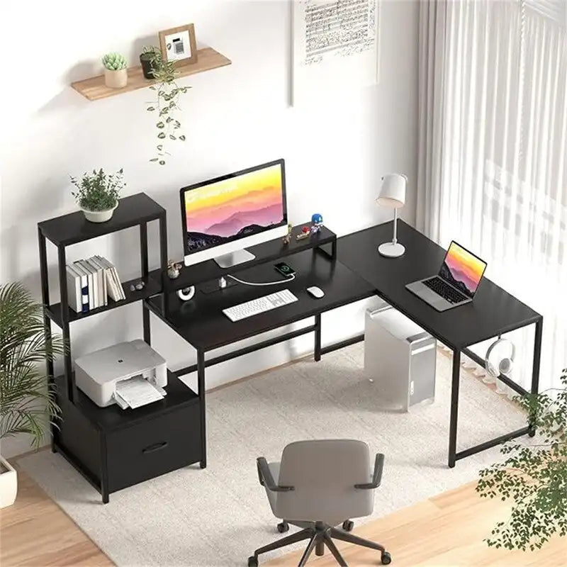 Shaped Desk with Power Outlets - 18.89D x 70.07W x 29.52H