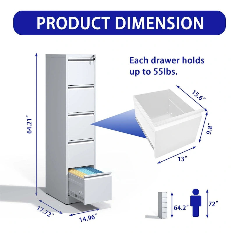 5 Drawer Vertical File Cabinet w/Lock Office Home Steel File Cabinet