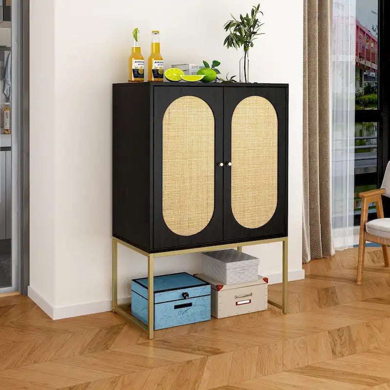 2 Door Cabinet, Rattan 2 Door high cabinet, Built-in adjustable shelf, Easy Assembly, Free Standing Cabinet for Living Room