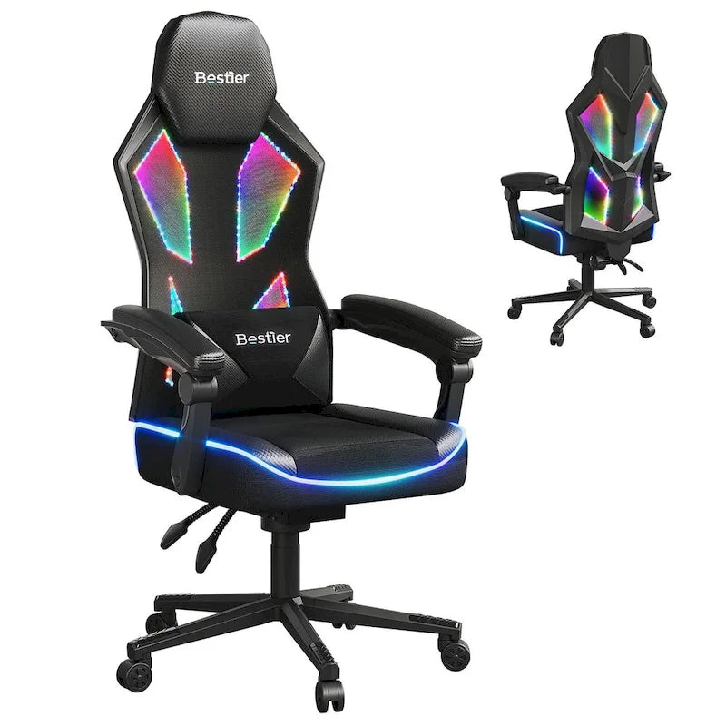 Ergonomic Gaming Chair with RGB LED Lights, Ventilated Fabric Computer Chair with Pocket Spring Cushion and Articulated Armrests