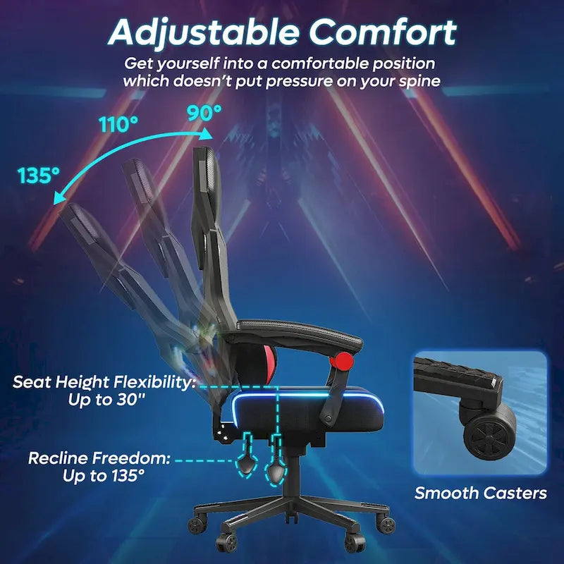 Ergonomic Gaming Chair with RGB LED Lights, Ventilated Fabric Computer Chair with Pocket Spring Cushion and Articulated Armrests