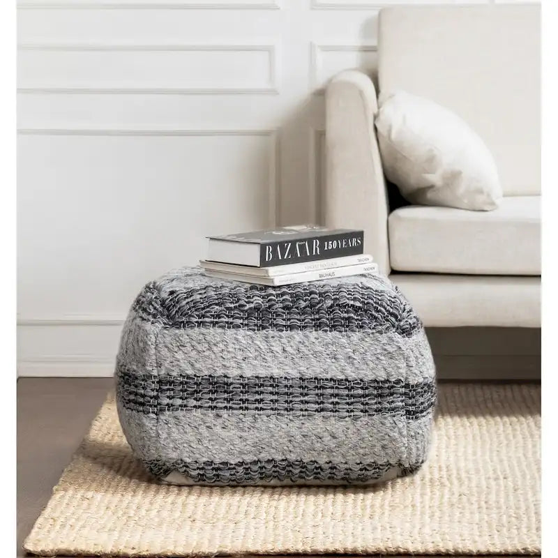 Jani Grey Striped Handwoven 24-inch Square Pouf Ottoman - Stylish Footrest for Living Room, Bedroom