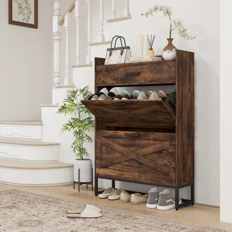 Narrow Shoe Cabinet with 2 Flip Doors and Top Drawer, Brown