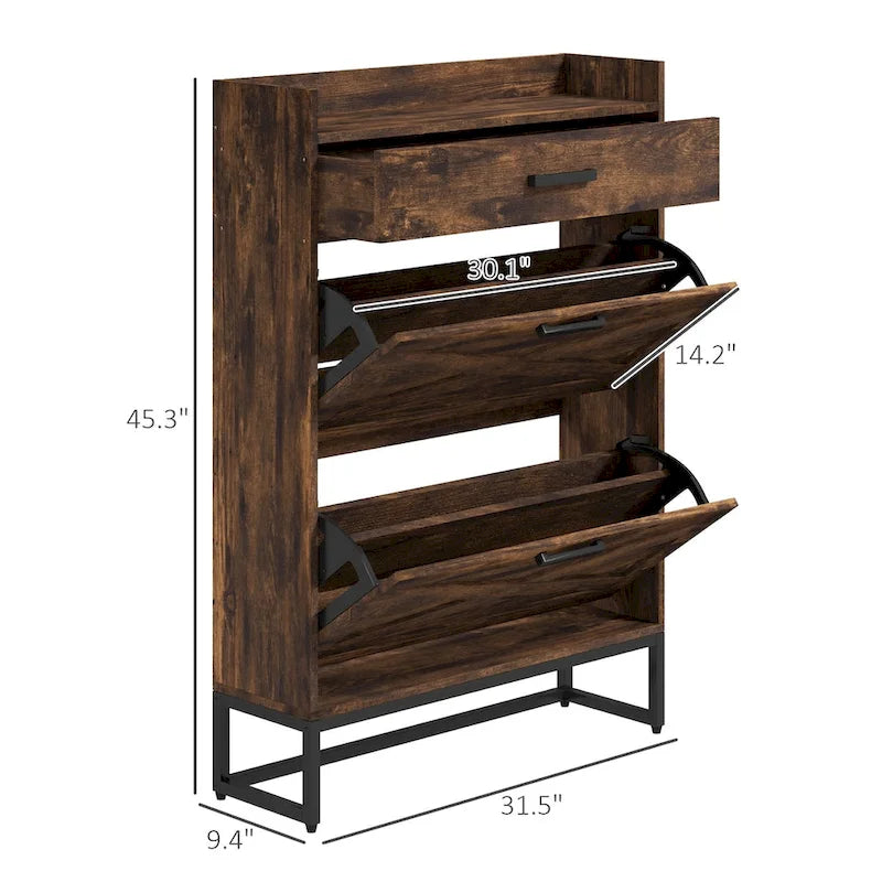 Narrow Shoe Cabinet with 2 Flip Doors and Top Drawer, Brown
