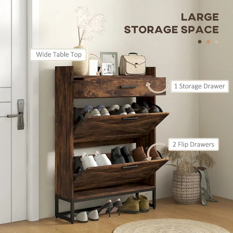Narrow Shoe Cabinet with 2 Flip Doors and Top Drawer, Brown
