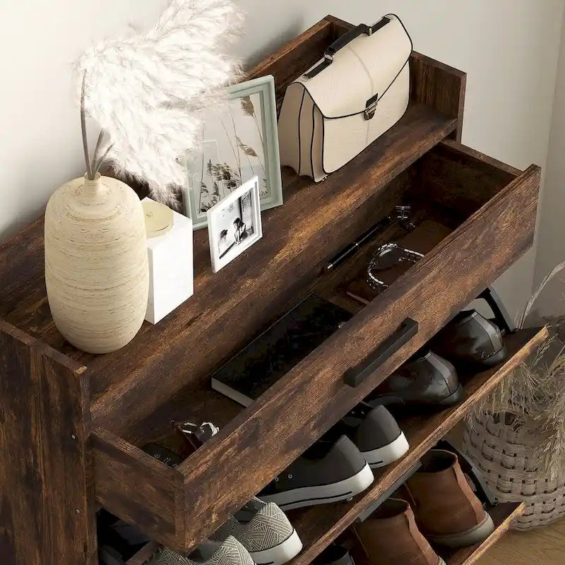 Narrow Shoe Cabinet with 2 Flip Doors and Top Drawer, Brown