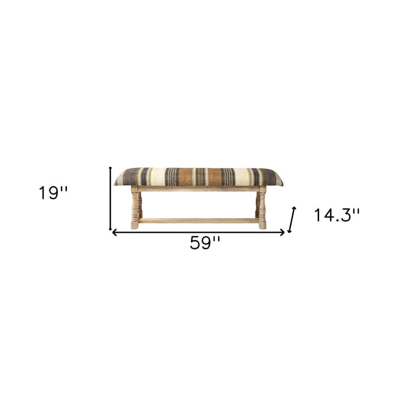 HomeRoots 59 Beige and Gray and Brown Upholstered Jute Striped Bench - 59
