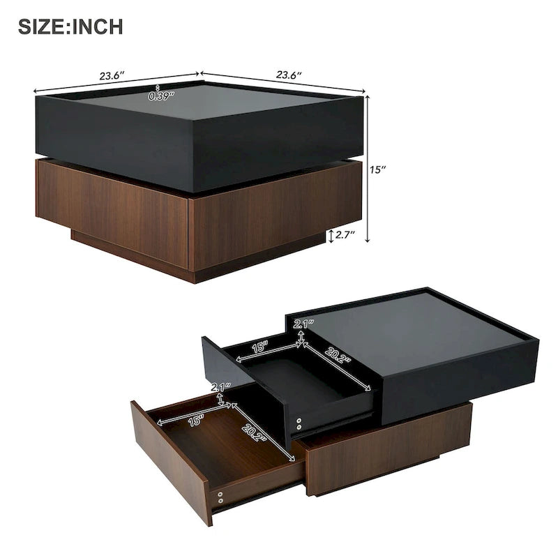 Square 360Rotating Coffee Table with 2 Drawers