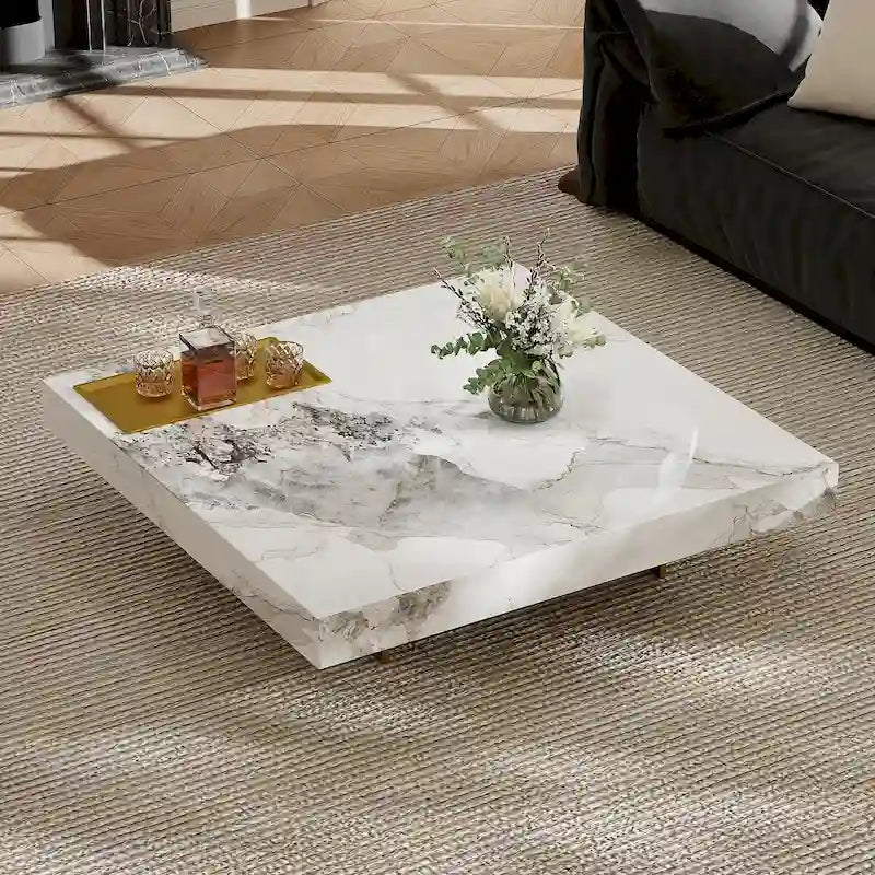 Table basse carrée moderne 42" en similicuir marbre, plateau en pierre frittée brillante