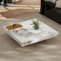 Table basse carrée moderne 42" en similicuir marbre, plateau en pierre frittée brillante