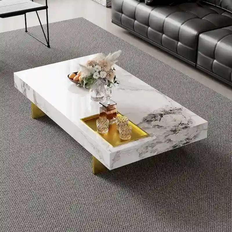 Table basse carrée moderne 42" en similicuir marbre, plateau en pierre frittée brillante