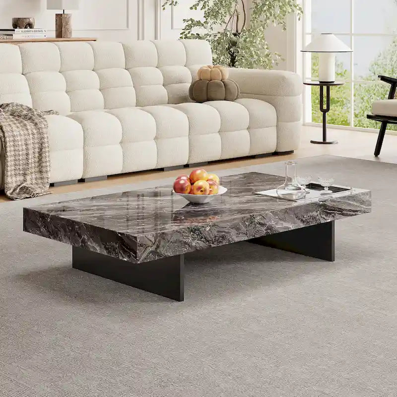 Table basse carrée moderne 42" en similicuir marbre, plateau en pierre frittée brillante