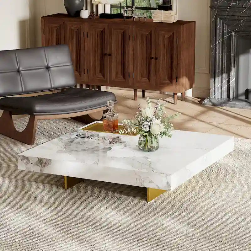 Table basse carrée moderne 42" en similicuir marbre, plateau en pierre frittée brillante