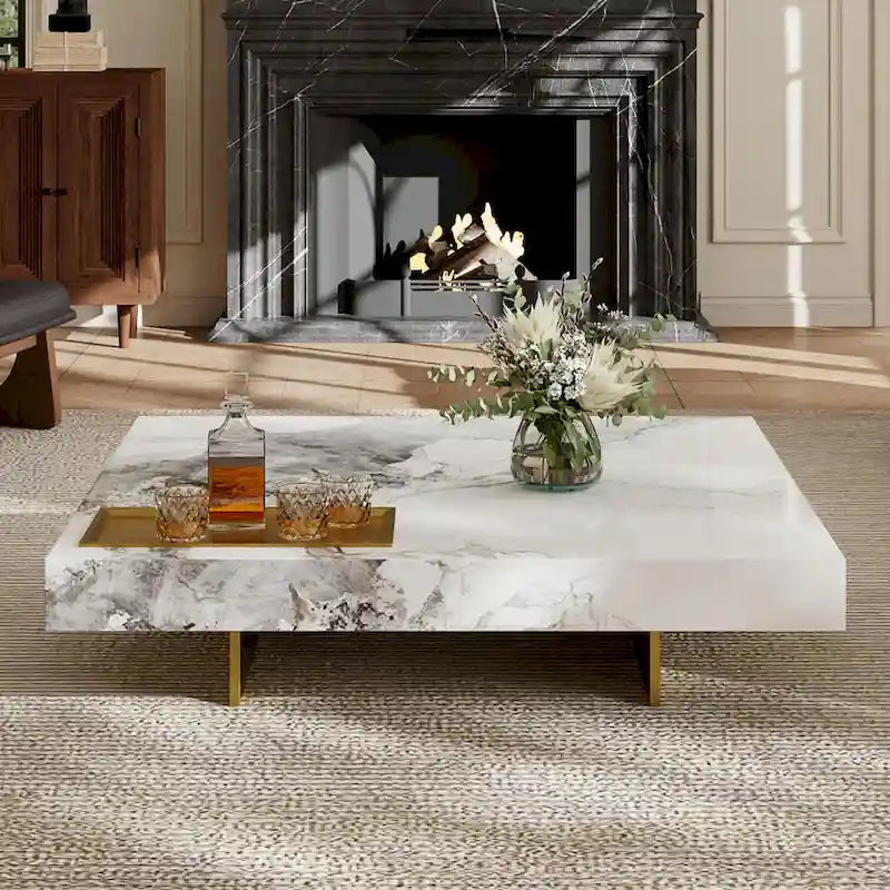 Table basse carrée moderne 42" en similicuir marbre, plateau en pierre frittée brillante