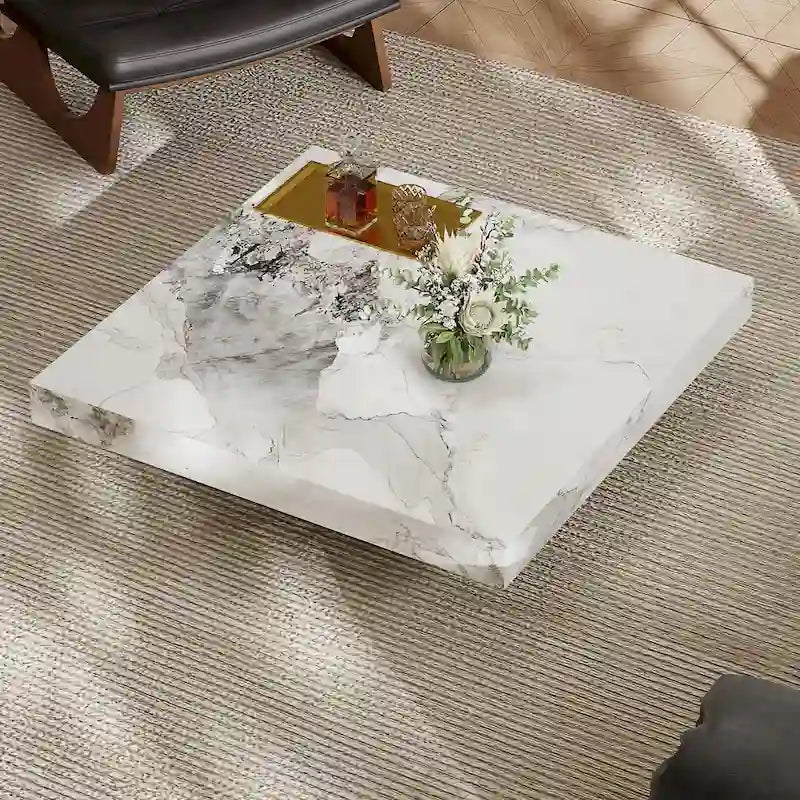Table basse carrée moderne 42" en similicuir marbre, plateau en pierre frittée brillante