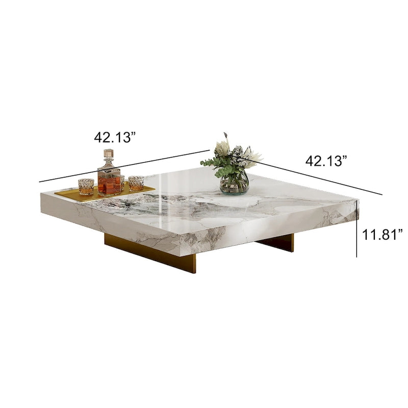Table basse carrée moderne 42" en similicuir marbre, plateau en pierre frittée brillante