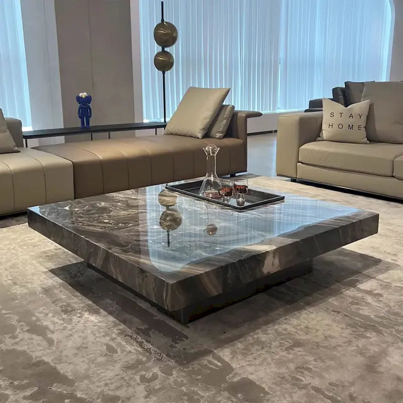 Table basse carrée moderne 42" en similicuir marbre, plateau en pierre frittée brillante