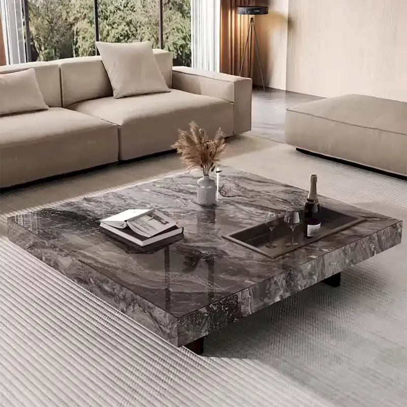 Table basse carrée moderne 42" en similicuir marbre, plateau en pierre frittée brillante