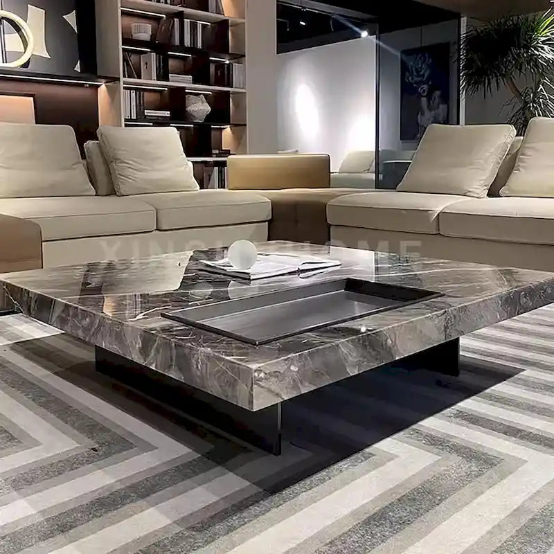 Table basse carrée moderne 42" en similicuir marbre, plateau en pierre frittée brillante