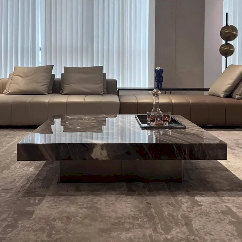 Table basse carrée moderne 42" en similicuir marbre, plateau en pierre frittée brillante