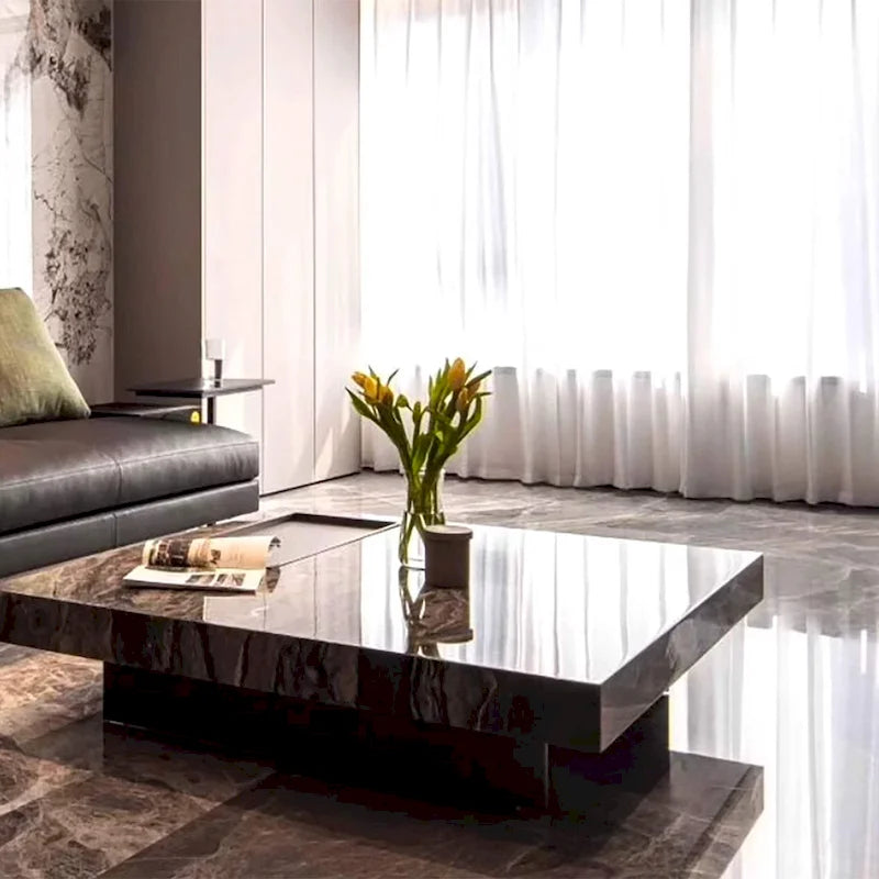 Table basse carrée moderne 42" en similicuir marbre, plateau en pierre frittée brillante