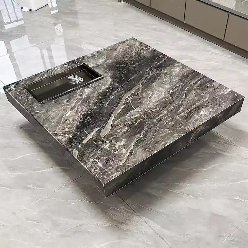Table basse carrée moderne 42" en similicuir marbre, plateau en pierre frittée brillante