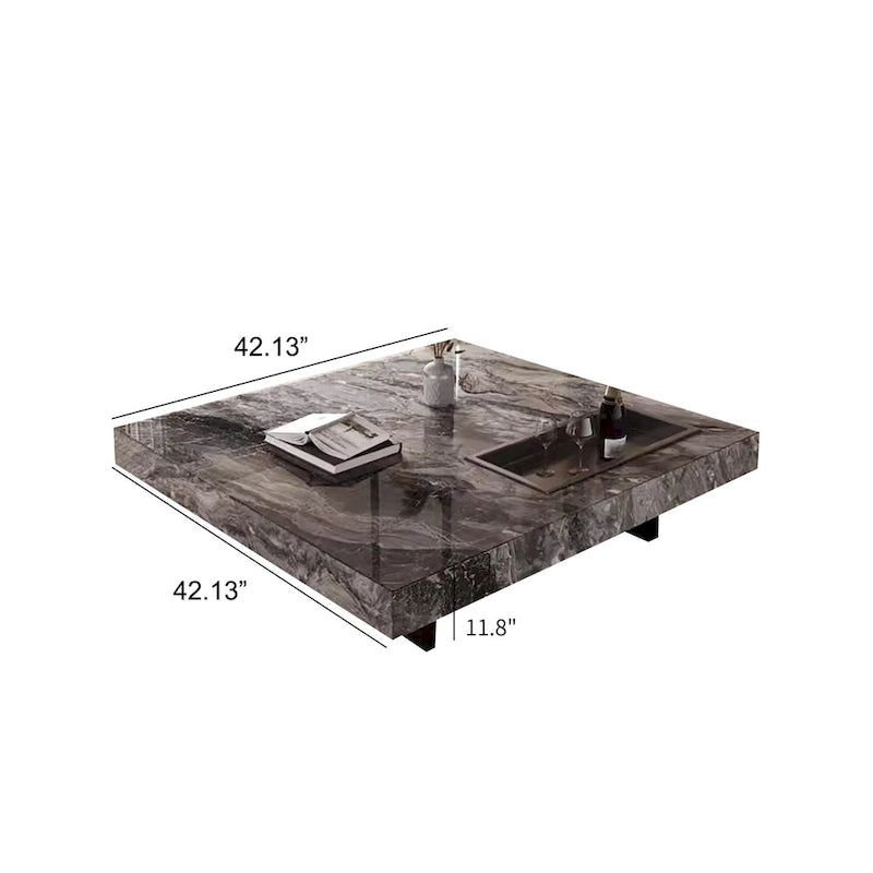 Table basse carrée moderne 42" en similicuir marbre, plateau en pierre frittée brillante