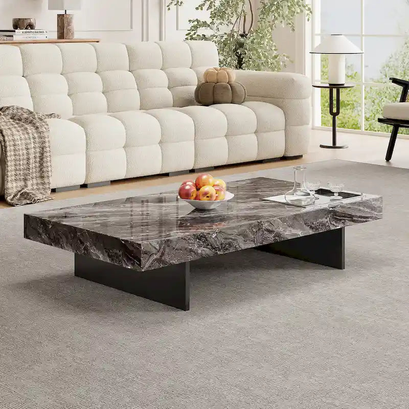 Table basse carrée moderne 42" en similicuir marbre, plateau en pierre frittée brillante