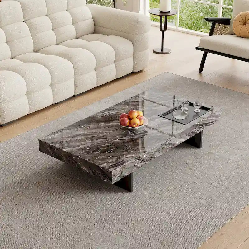 Table basse carrée moderne 42" en similicuir marbre, plateau en pierre frittée brillante