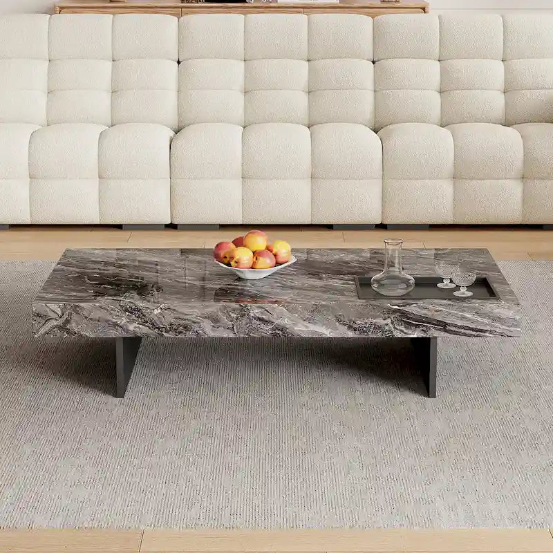 Table basse carrée moderne 42" en similicuir marbre, plateau en pierre frittée brillante