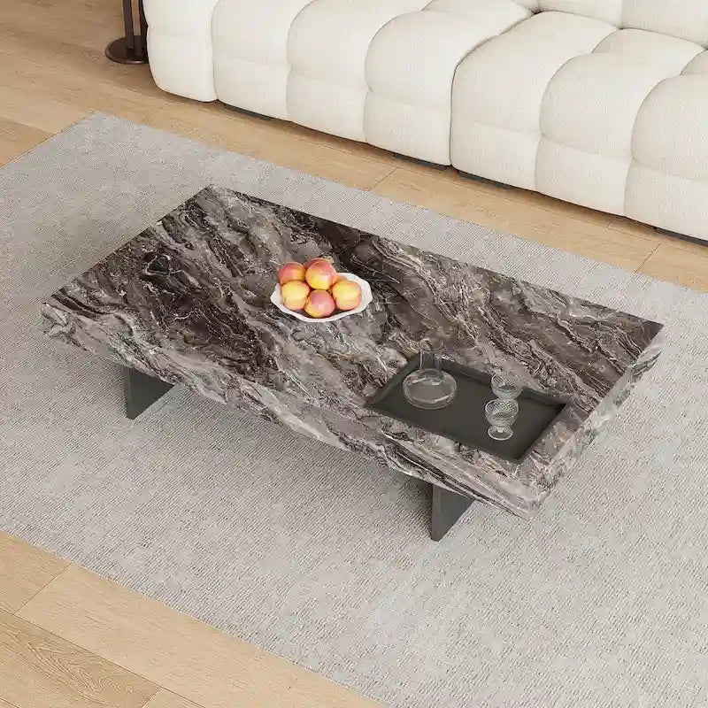 Table basse carrée moderne 42" en similicuir marbre, plateau en pierre frittée brillante