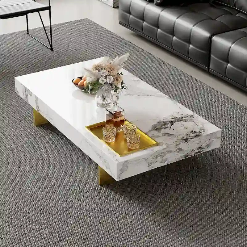 Table basse carrée moderne 42" en similicuir marbre, plateau en pierre frittée brillante
