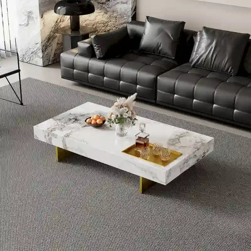Table basse carrée moderne 42" en similicuir marbre, plateau en pierre frittée brillante