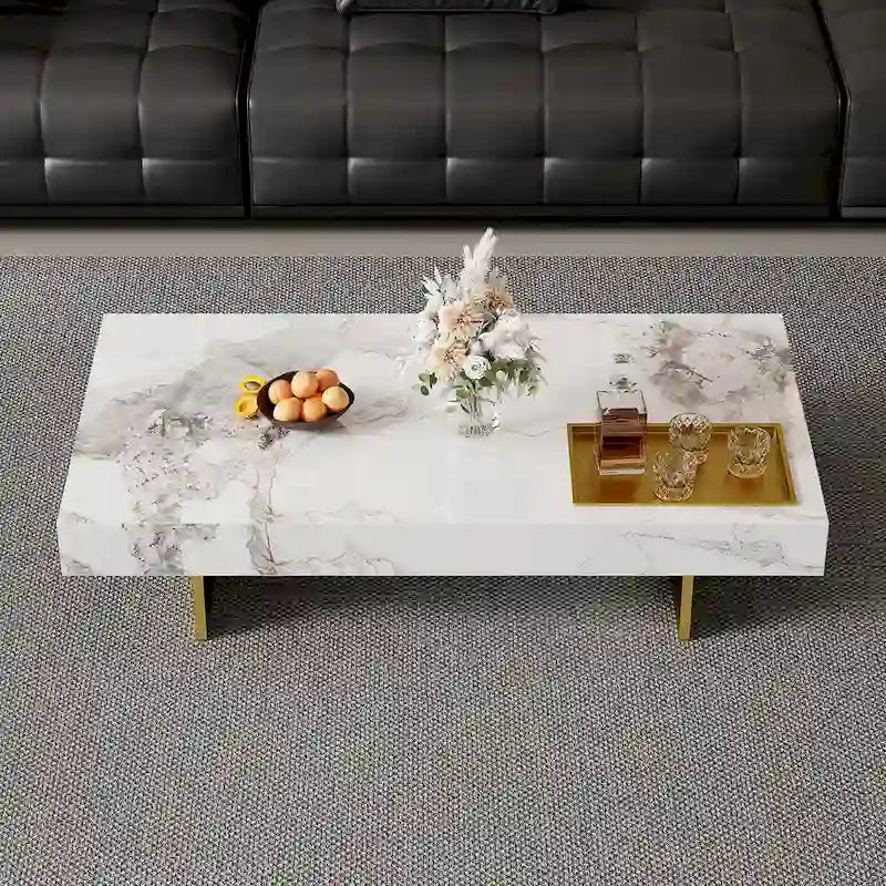 Table basse carrée moderne 42" en similicuir marbre, plateau en pierre frittée brillante