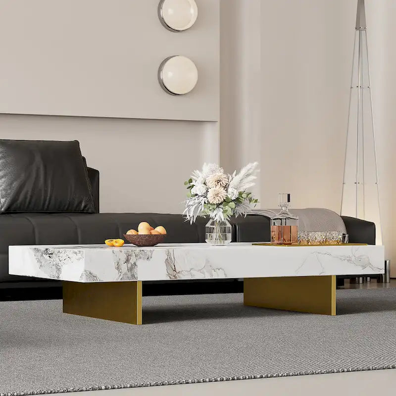 Table basse carrée moderne 42" en similicuir marbre, plateau en pierre frittée brillante