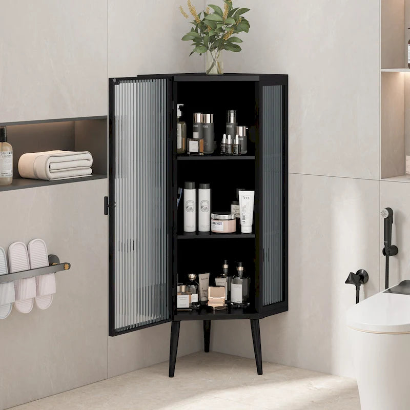 Three Tiers Cabinet with Tempered Glass Doors and Storage Shelves