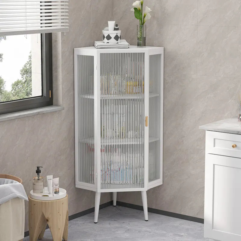 Three Tiers Cabinet with Tempered Glass Doors and Storage Shelves