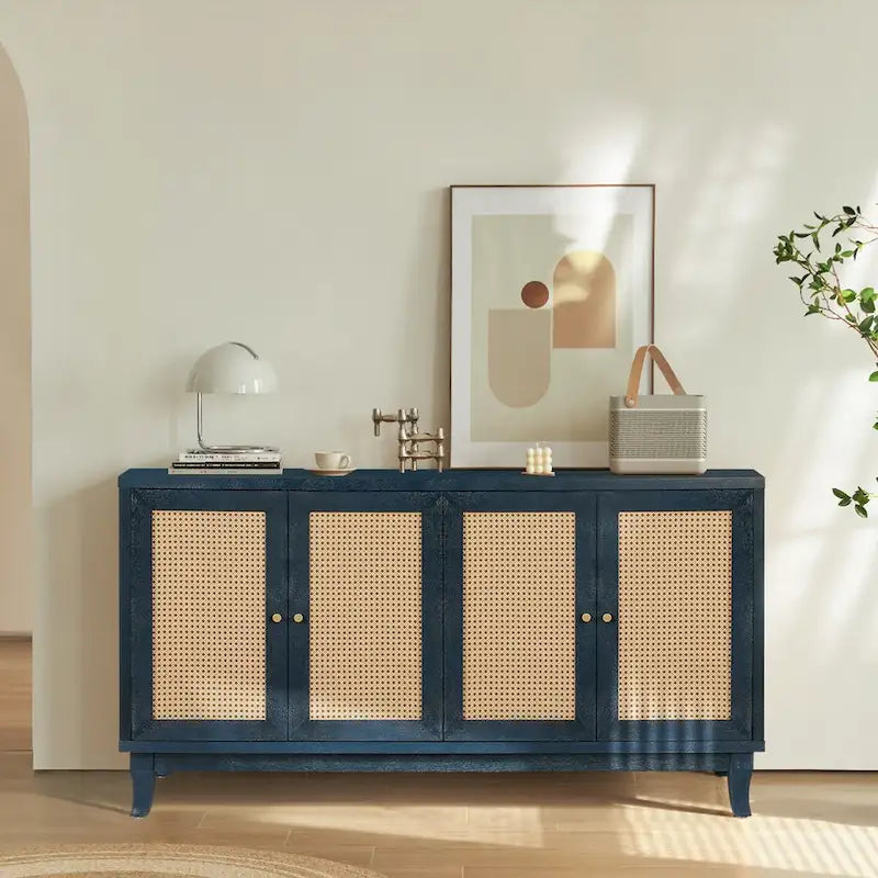 Handcrafted Premium Grain Panels,Accent Storage Cabinet With 4 Rattan Doors, Modern Storage Cupboard Console Table