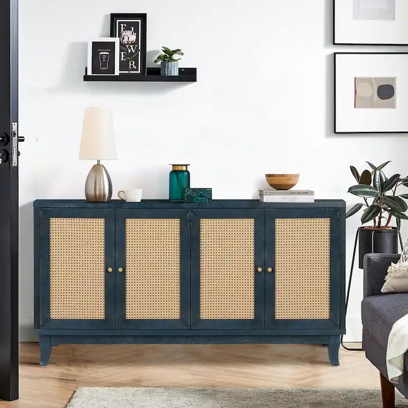 Handcrafted Premium Grain Panels,Accent Storage Cabinet With 4 Rattan Doors, Modern Storage Cupboard Console Table