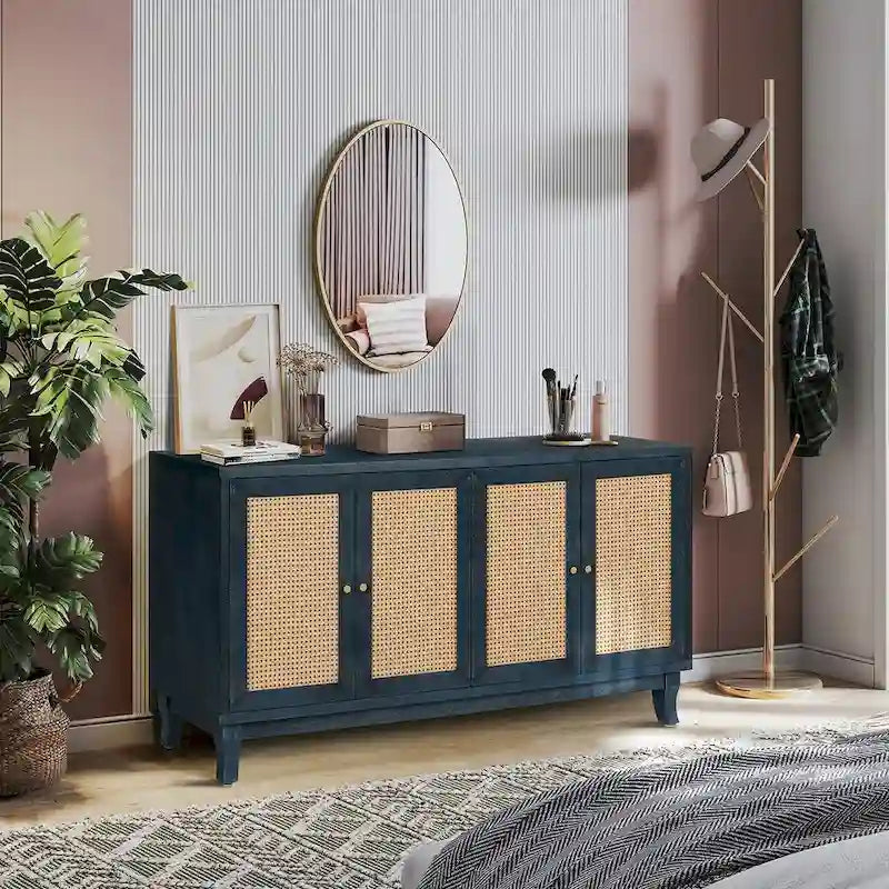 Handcrafted Premium Grain Panels,Accent Storage Cabinet With 4 Rattan Doors, Modern Storage Cupboard Console Table