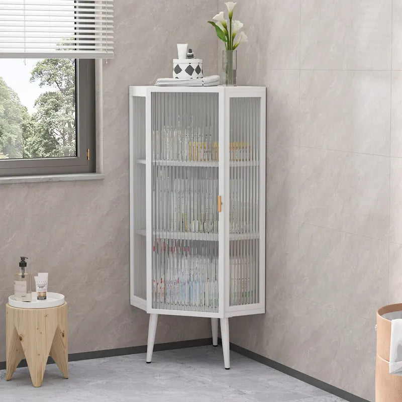 22.25 Floor Coner Cabinet,Three Tiers with Tempered Glass Doors and Storage Shelves