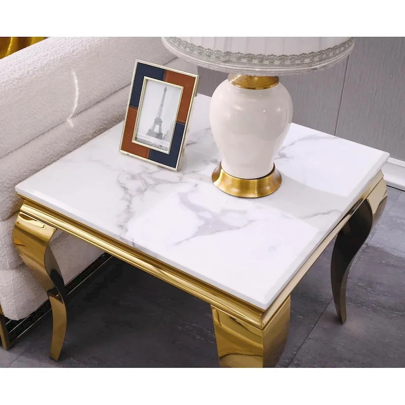 White and Gold End Table Side Table with Polished Gold Cabriole Legs