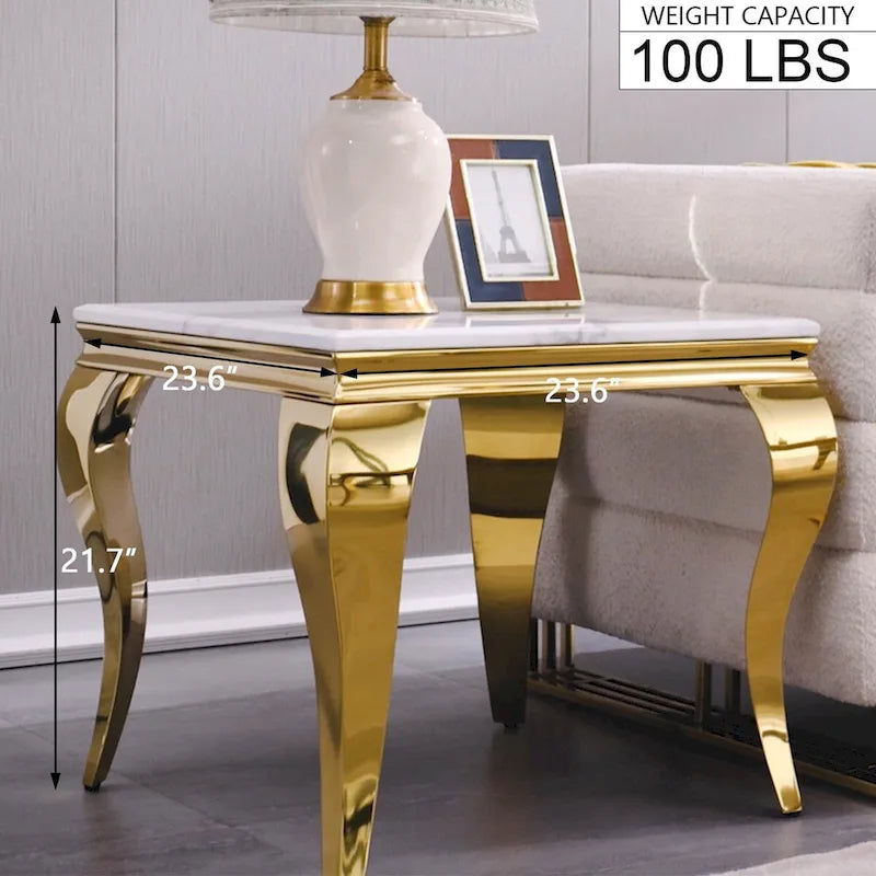 White and Gold End Table Side Table with Polished Gold Cabriole Legs