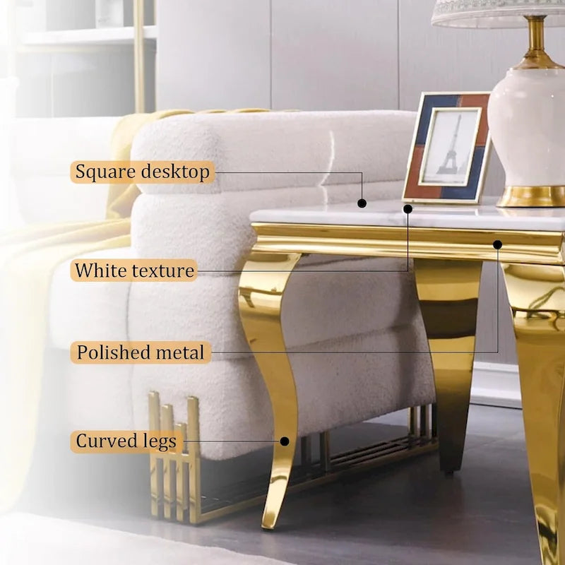 White and Gold End Table Side Table with Polished Gold Cabriole Legs