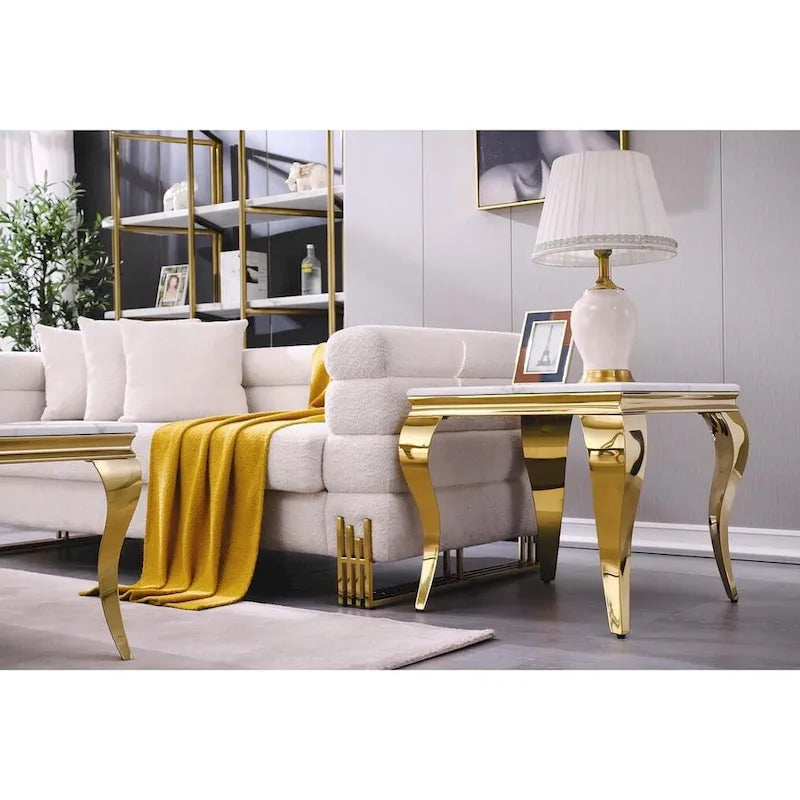 White and Gold End Table Side Table with Polished Gold Cabriole Legs