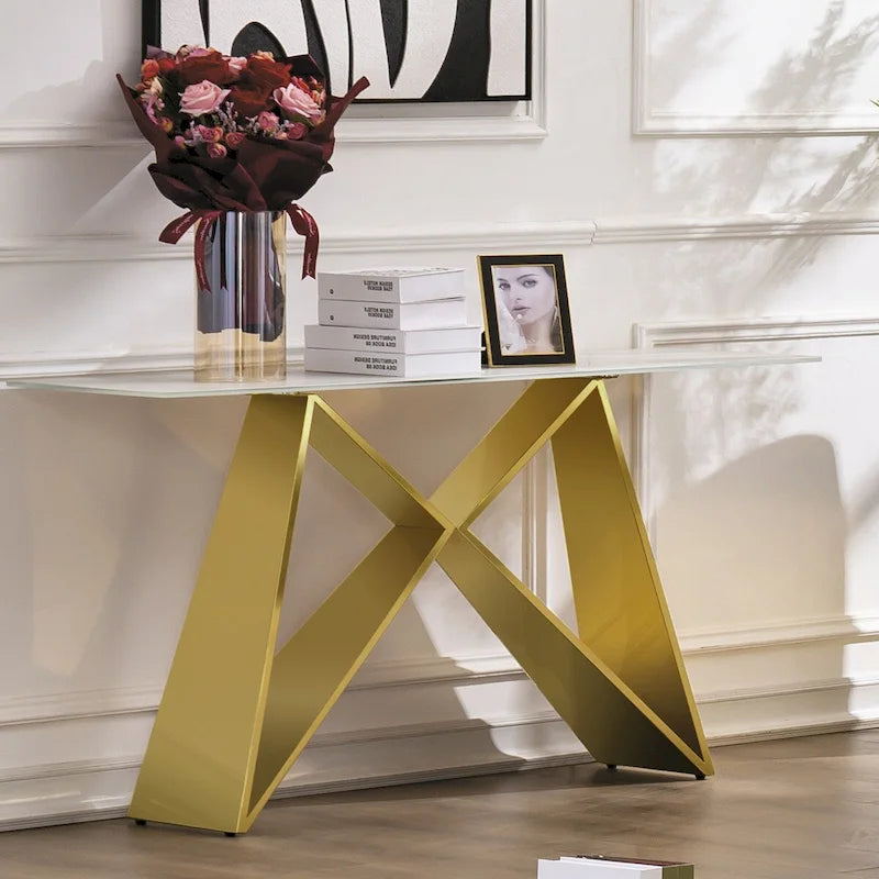 Console en verre blanc rectangulaire avec piètement en miroir en forme de M