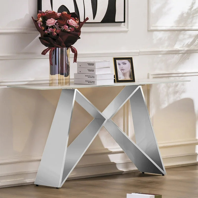 Console en verre blanc rectangulaire avec piètement en miroir en forme de M